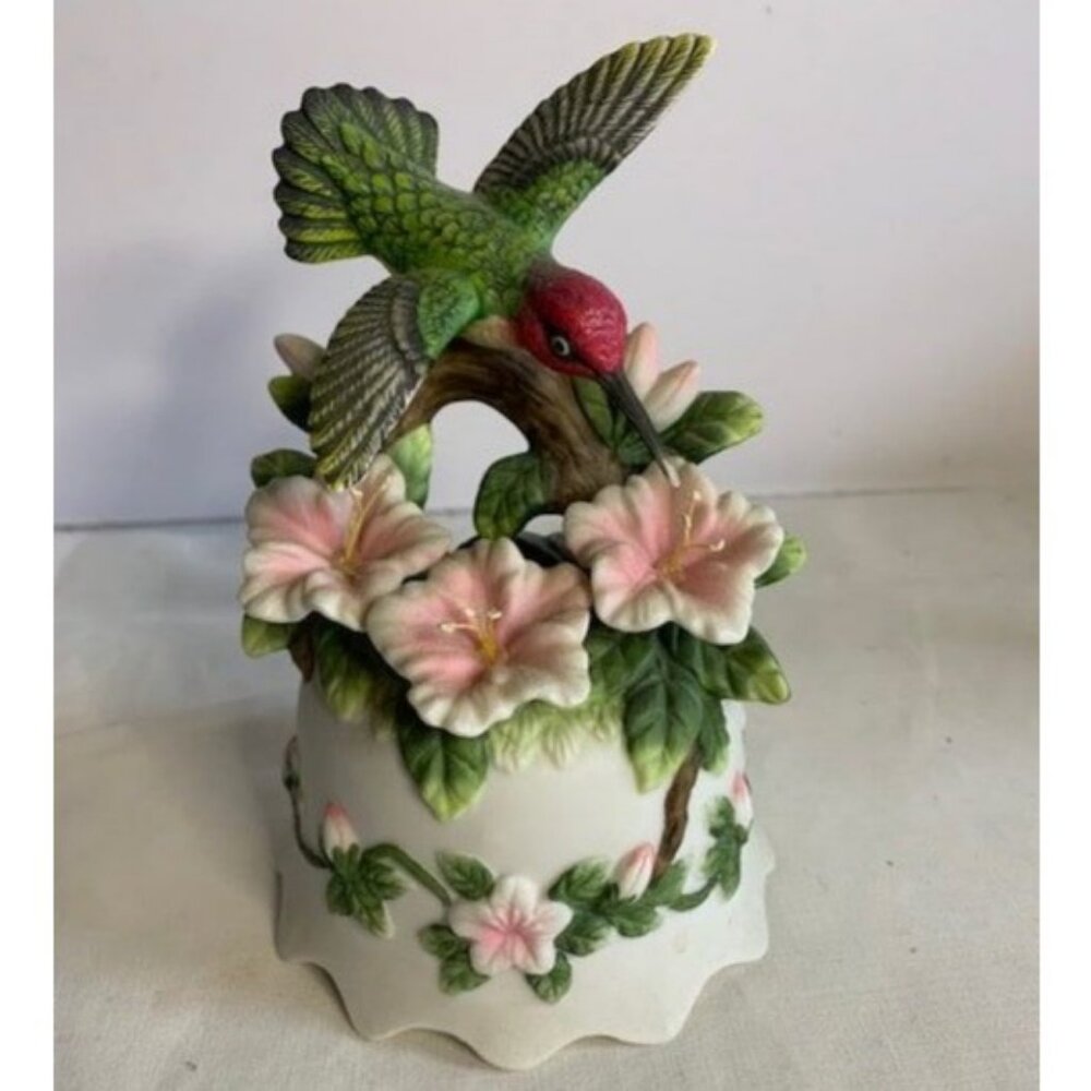 Porcelain Hummingbird Figurine with Pink Flowers Music Box